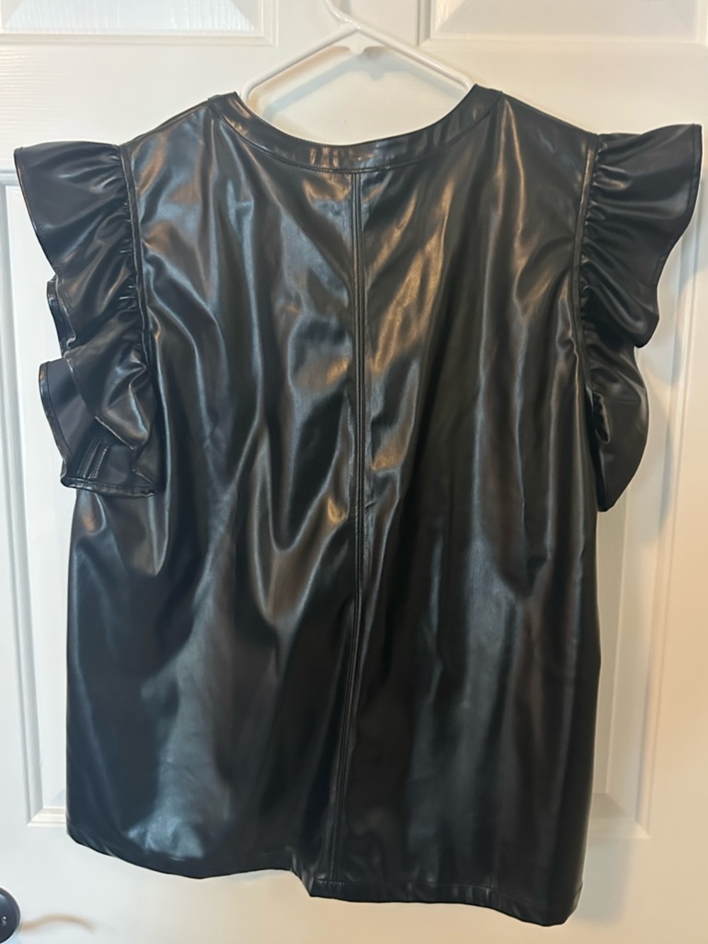 Faux Leather Ruffle-Sleeve Shell Top - Black - Picture 3 of 3
